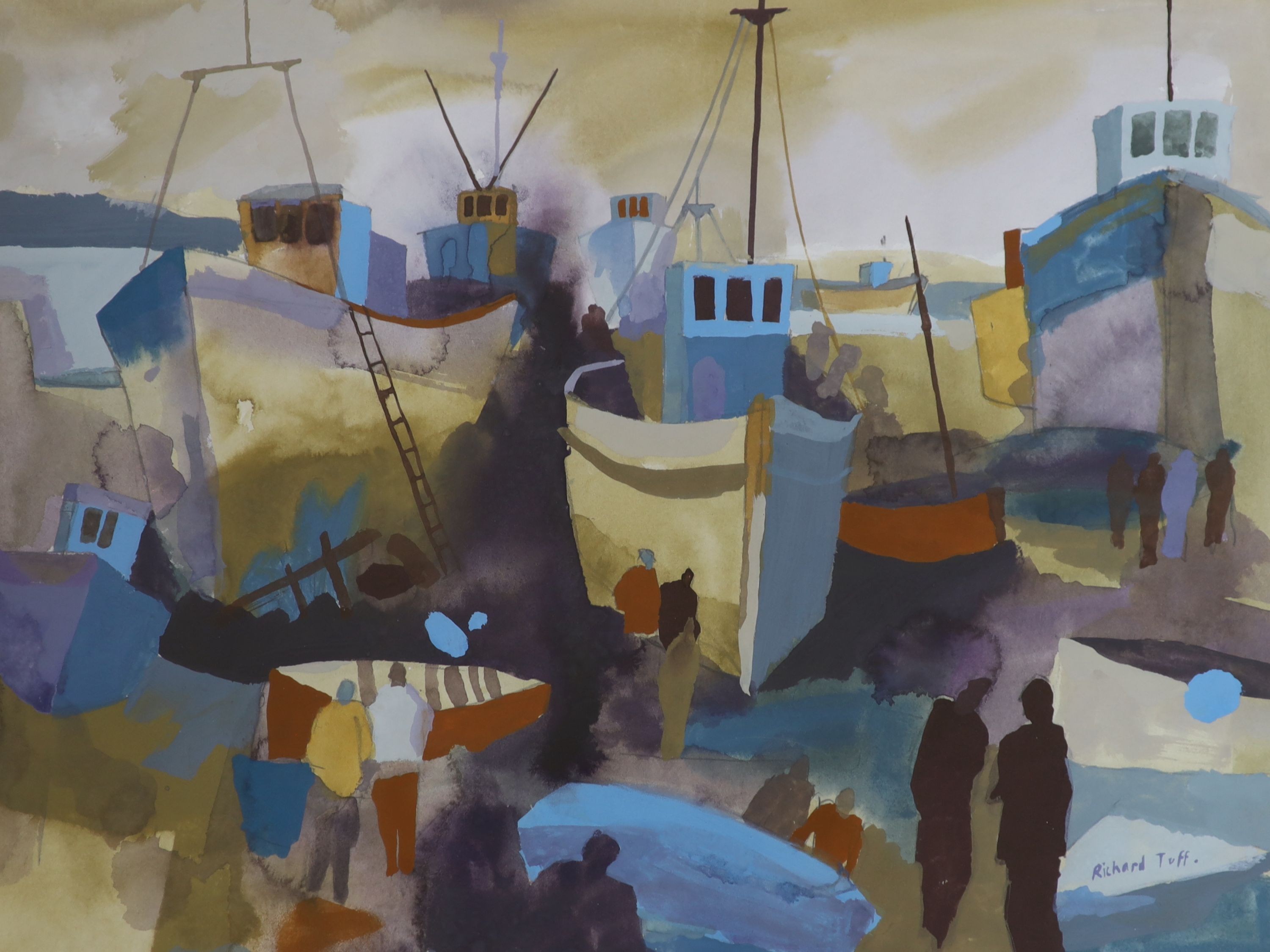 Richard Tuff (b.1965), watercolour and gouache, 'Repairing Sardine Trawlers', signed, 36 x 49cm